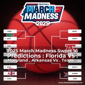 Artistic representation for 2025 March Madness Sweet 16 Predictions : Florida Vs . Maryland , Arkansas Vs . Texas Tech, Texas A&M Vs. Kansas State, Alabama Vs.